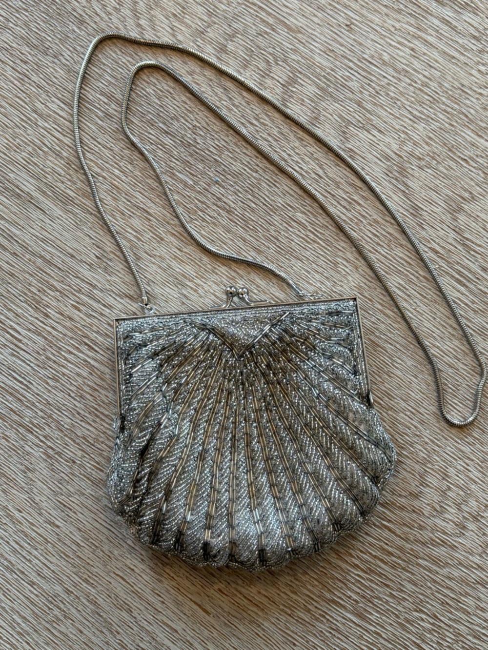 Silver Beaded Shell-Style Evening Clutch with Chain Strap
